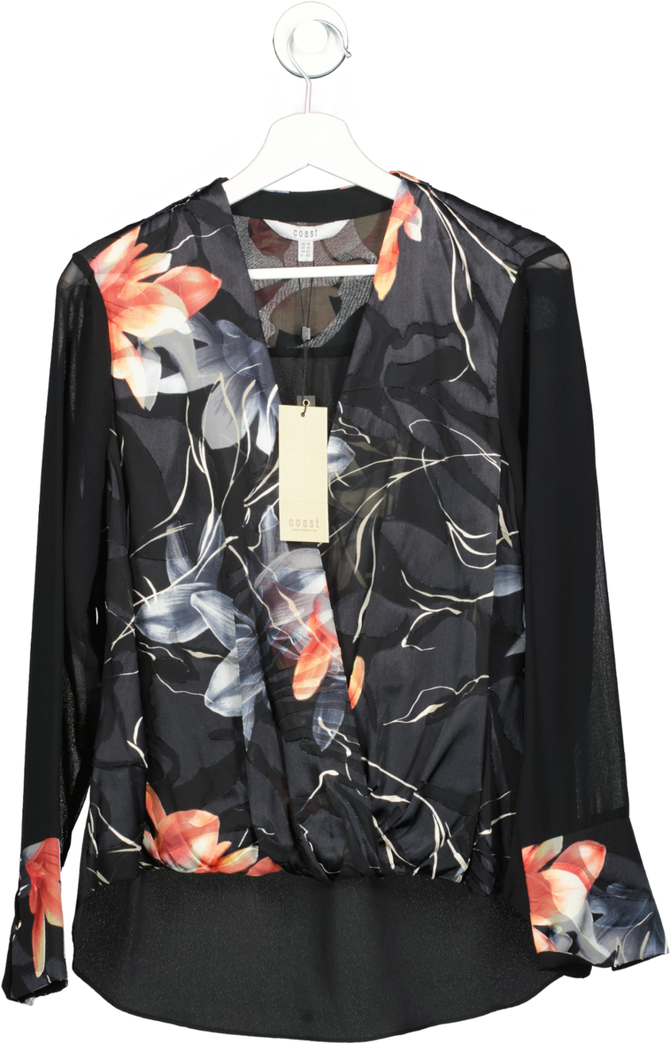 Coast Black Floral Chiffon Layered Wrap Blouse UK 14
