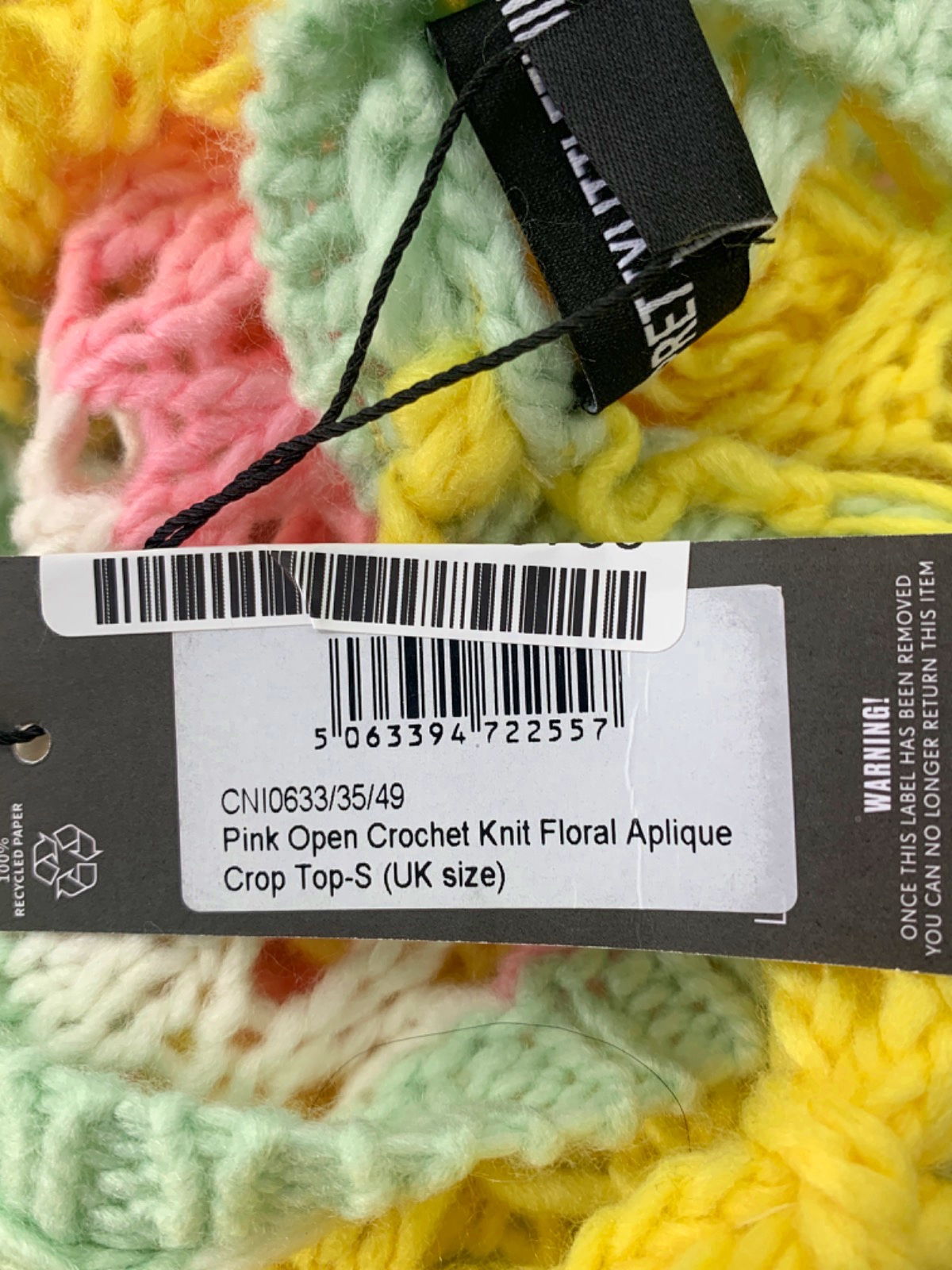 PrettyLittleThing Multicoloured Pink Open Crochet Knit Floral Applique Crop Top UK S