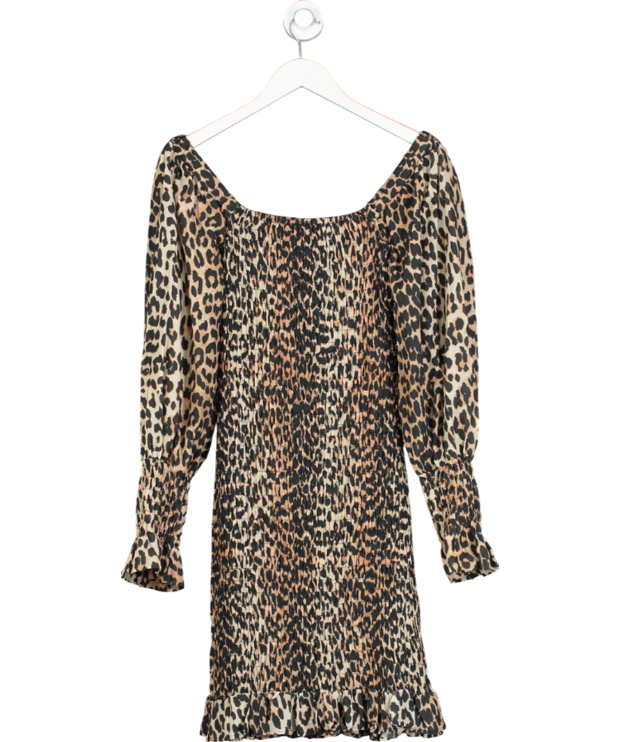Ganni Brown Shirred Leopard Print Mini Dress UK 6
