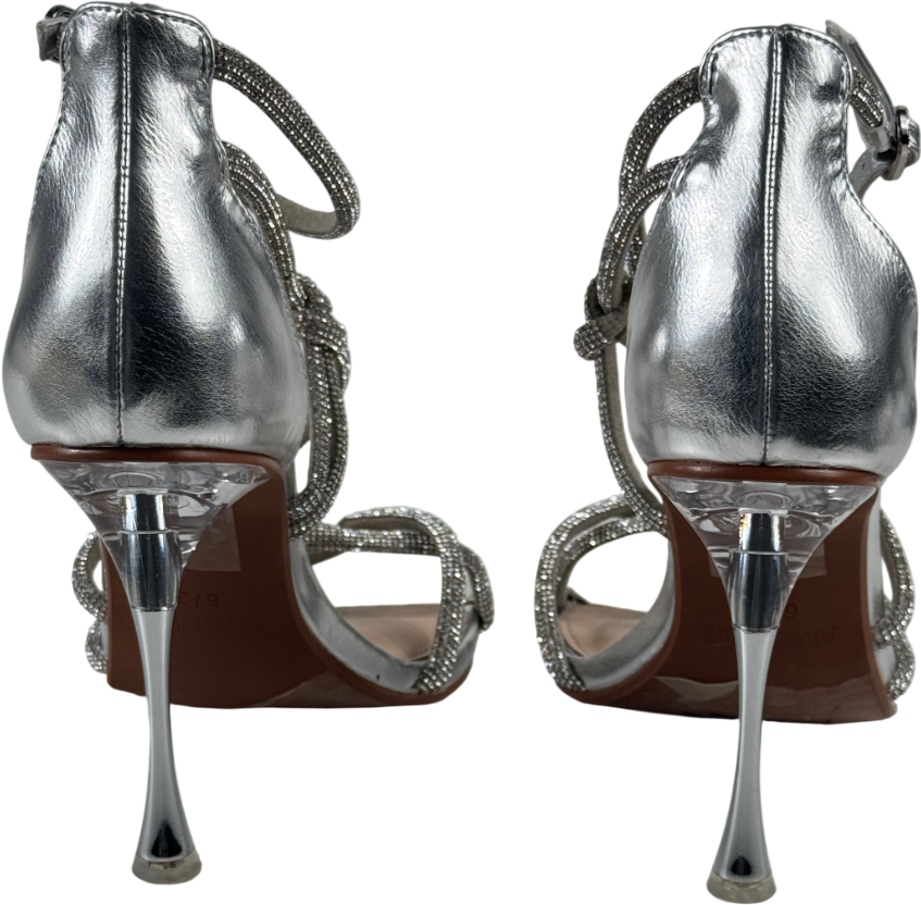 RIVER ISLAND STUDIO Metallic Silver Closed Back Diamante Strap Heels UK 6 EU 39 👠