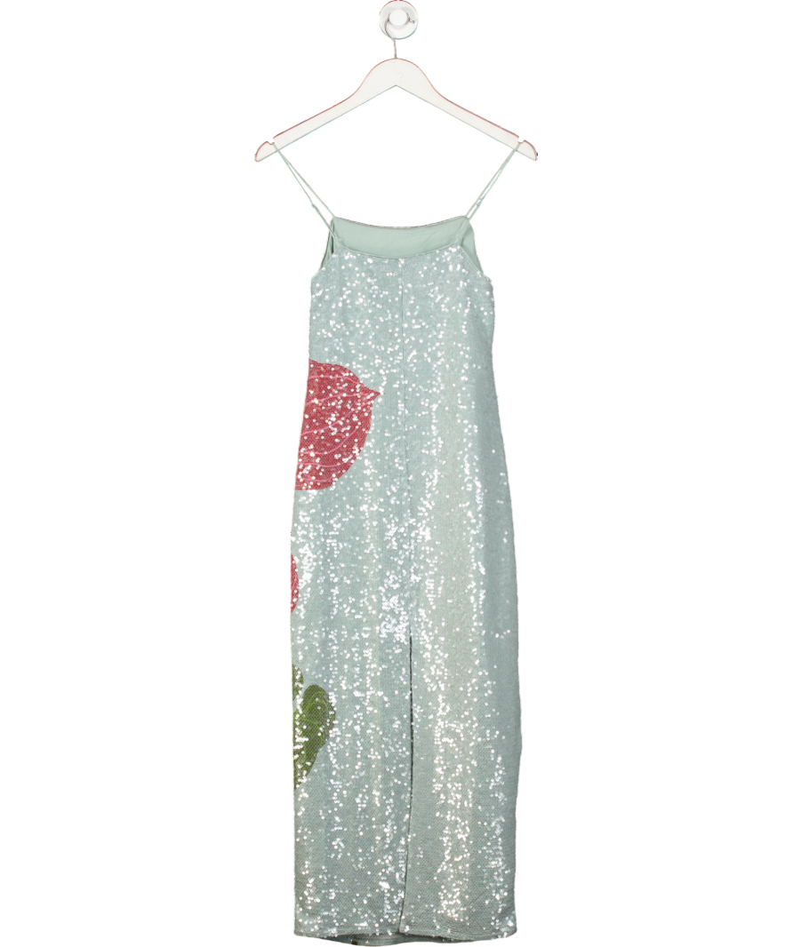 Farm Rio Duck Egg Blue Anthurium Printed Embellished Slip Dress UK XXS