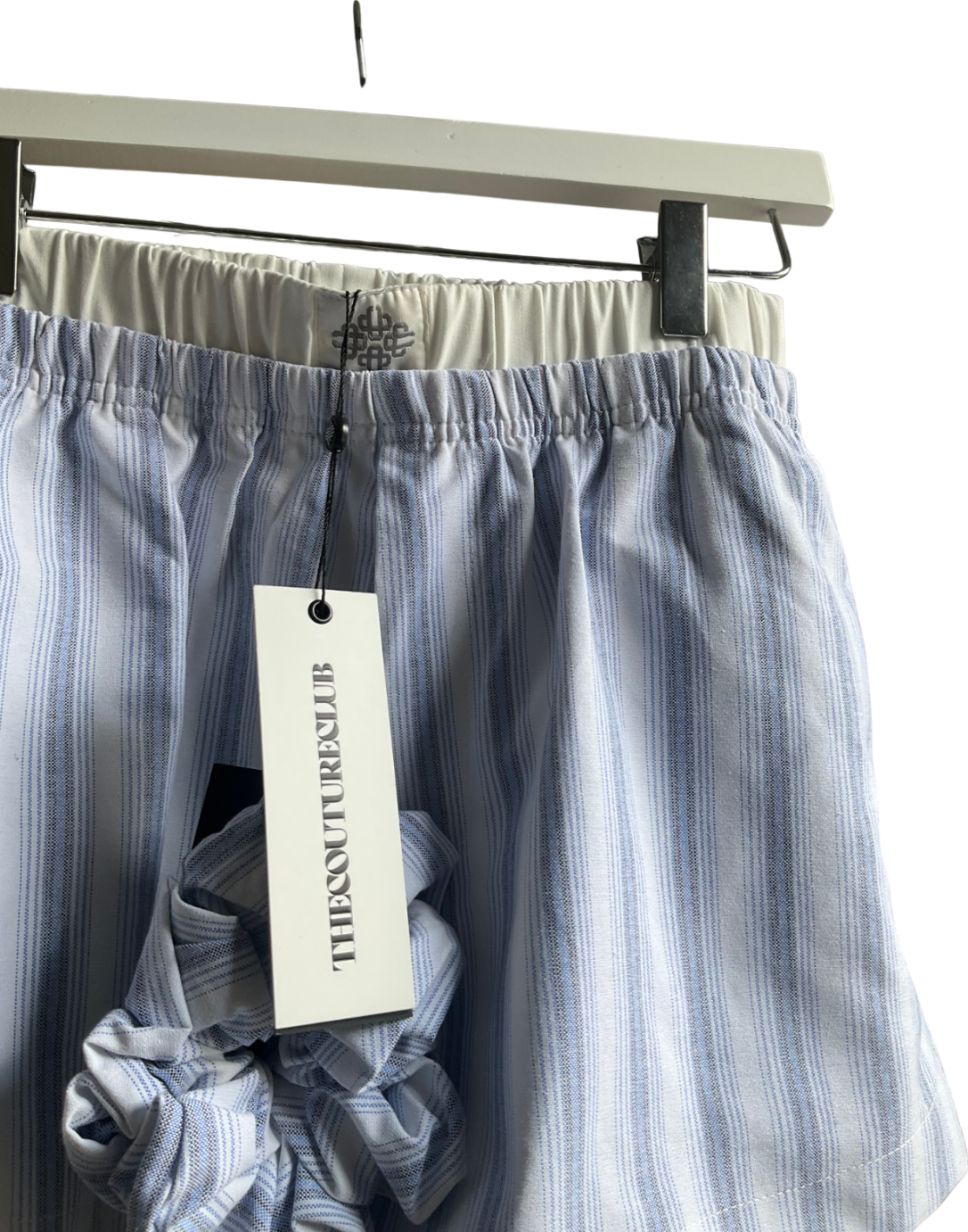 The Couture Club Blue Stripe Boxer Waistband Woven Shorts And Scrunchie UK 8