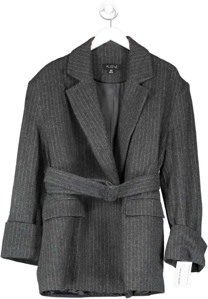 Aligne Grey Gamma Pinstripe Belted Wool Blend Blazer UK 10