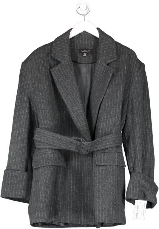 Aligne Grey Gamma Pinstripe Belted Wool Blend Blazer UK 10