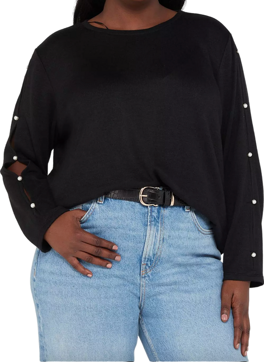 V by Very Curve Crew Neck Pearl Sleeve Detail Top - Black UK 26