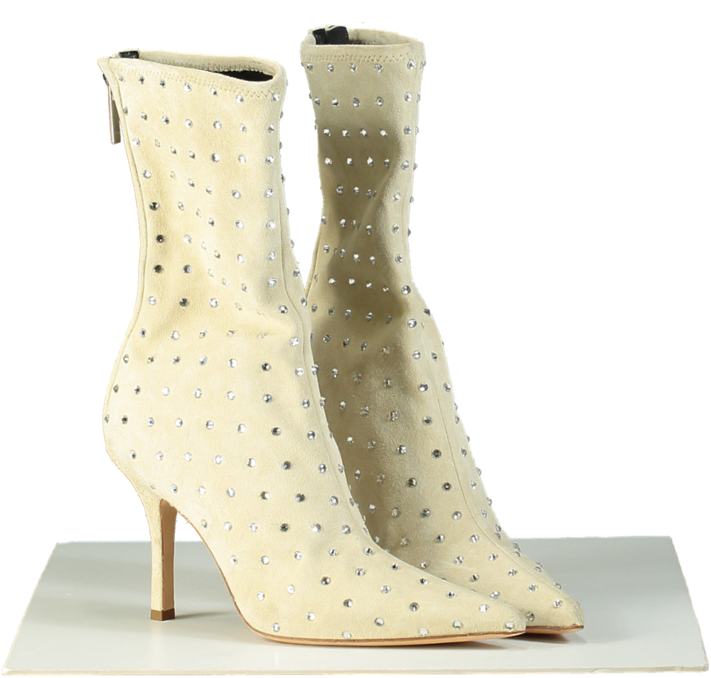 Paris Texas Beige Crystal-Embellished Calf Suede Stiletto Holly Mama Ankle Boots EU 37 UK 4