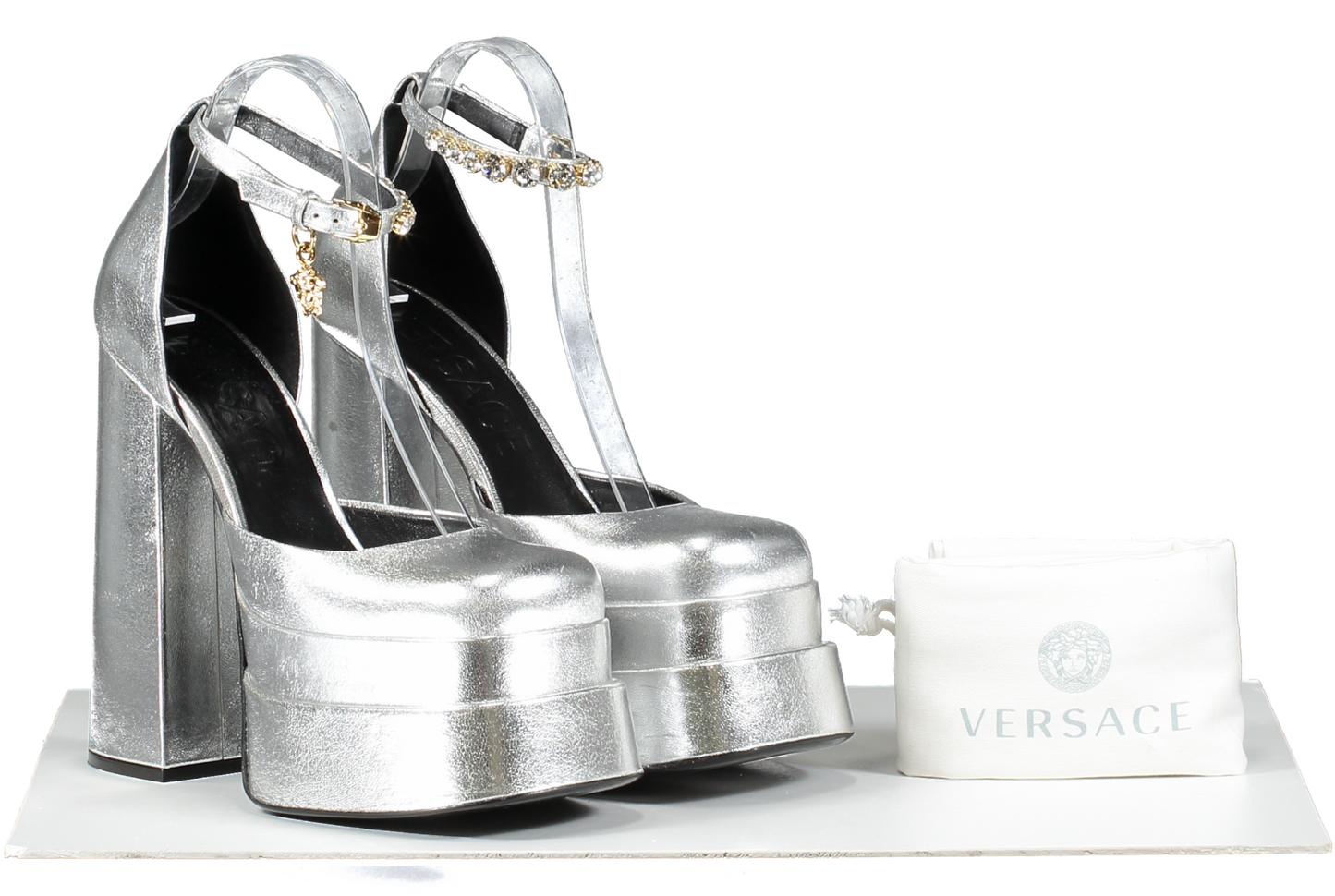 Versace Metallic Silver Medusa Aevitas 155mm Platform Pumps UK 5.5 EU 38.5 👠