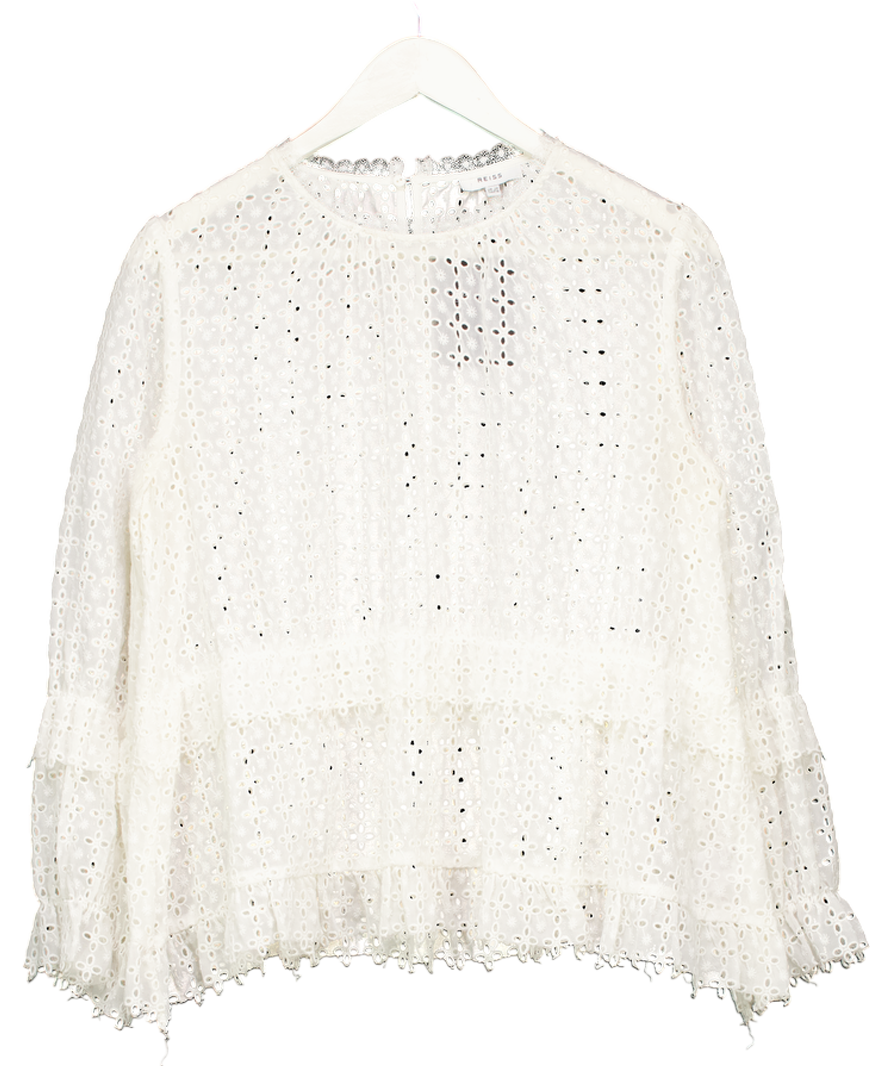 REISS Cream Madie Tiered Broderie Blouse UK 12