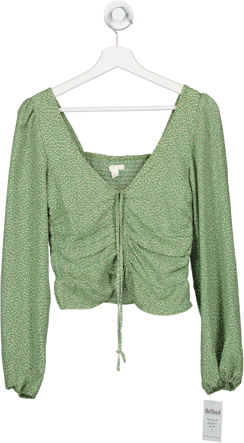 H&M Green Crop Top With Long Puff Sleeve UK XS