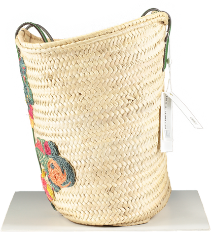 Tory Burch Ella Embroidered Straw Logo Basket Tote Bag
