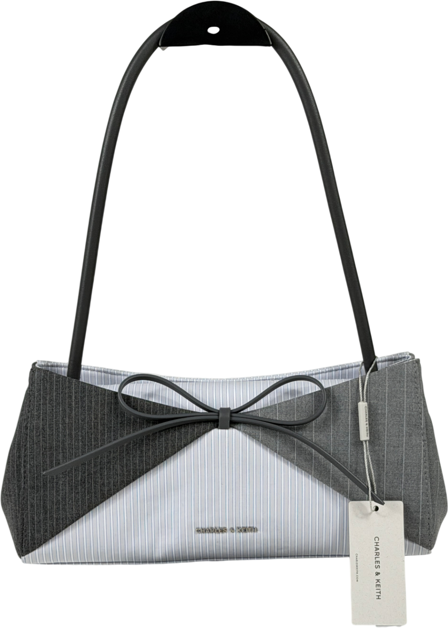 CHARLES & KEITH Hazel Striped Bow Panelled Shoulder Bag - Grey