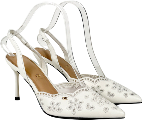 Charles & Keith White Leather Embroidered Pointed Slingback Pumps UK 4 EU 37