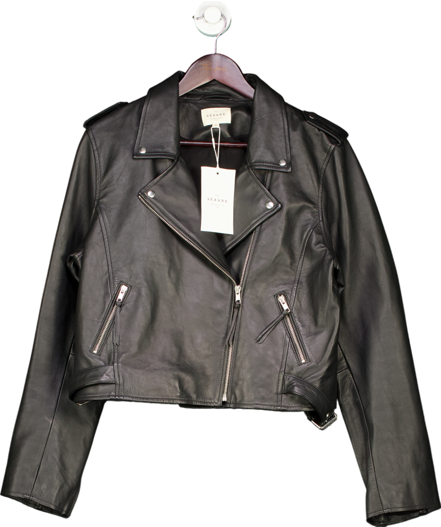 Sezane Black Zig Leather Jacket UK 16