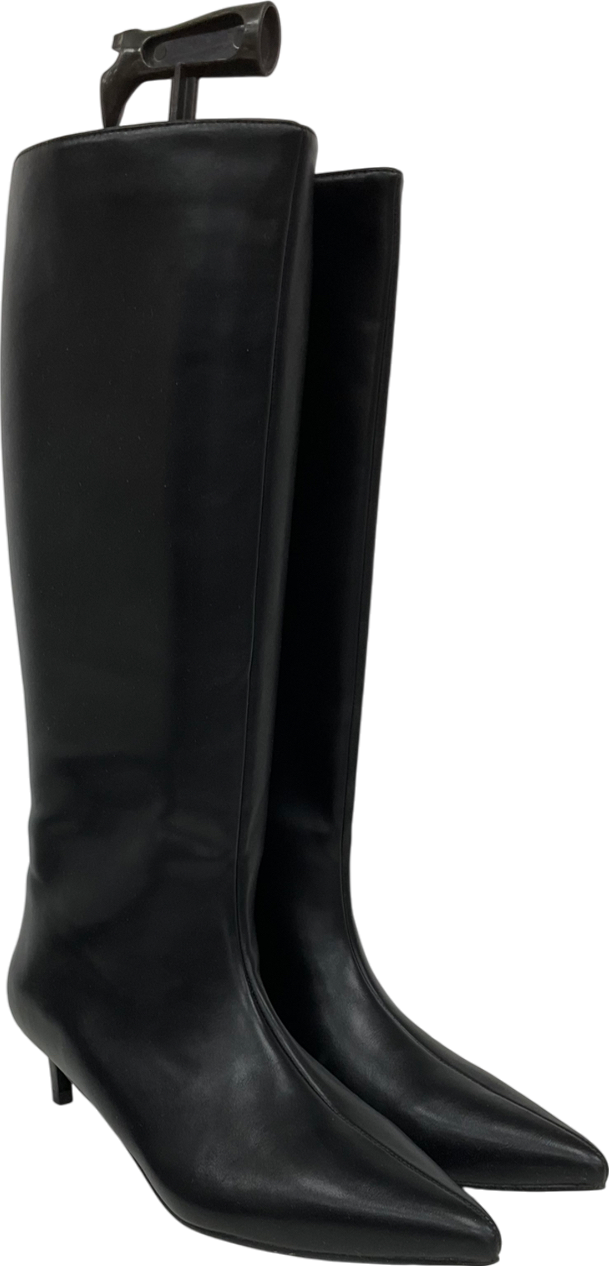 PrettyLittleThing Black Pu Point Toe Low Stiletto Knee High Heeled Boots UK 5 EU 38 👠