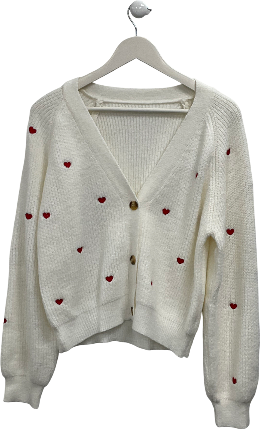 Cupshe Cream Embroidered Heart V Neck Cardigan UK M