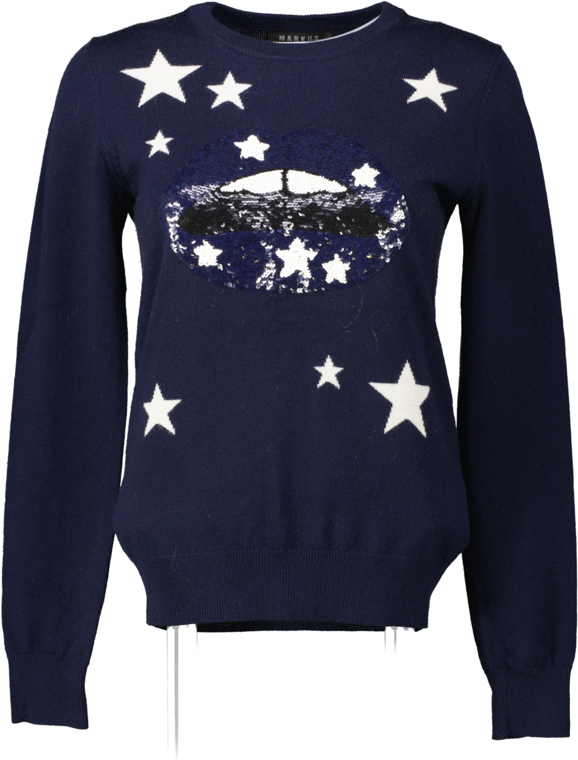 Markus Lupfer Navy Blue Star And Sequin Lips 100% Merino Wool Jumper UK S