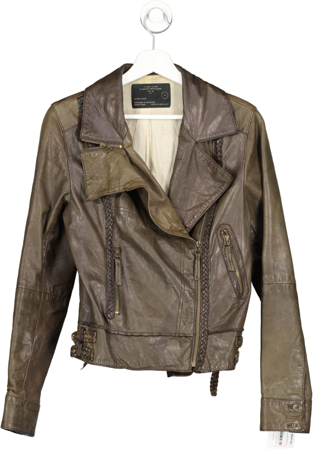 All Saints Brown Plait Detail Leather Biker Jacket UK 12
