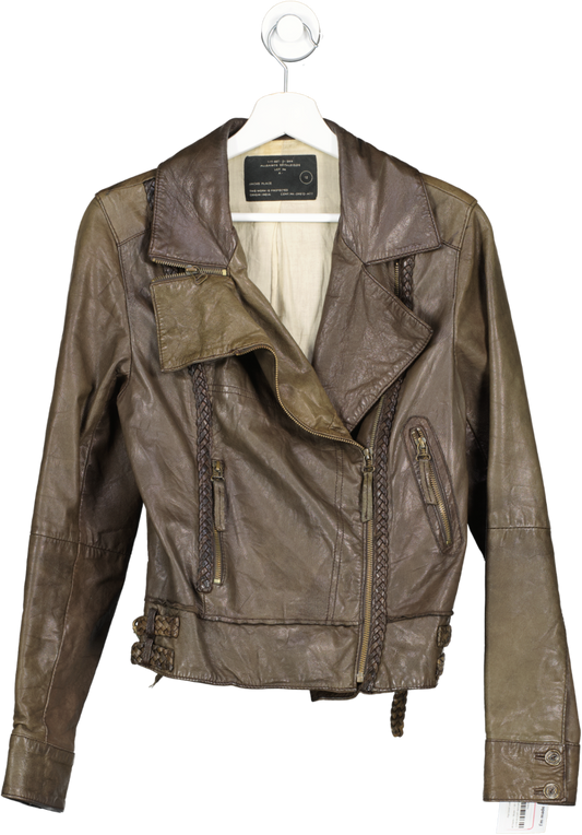 All Saints Brown Plait Detail Leather Biker Jacket UK 12