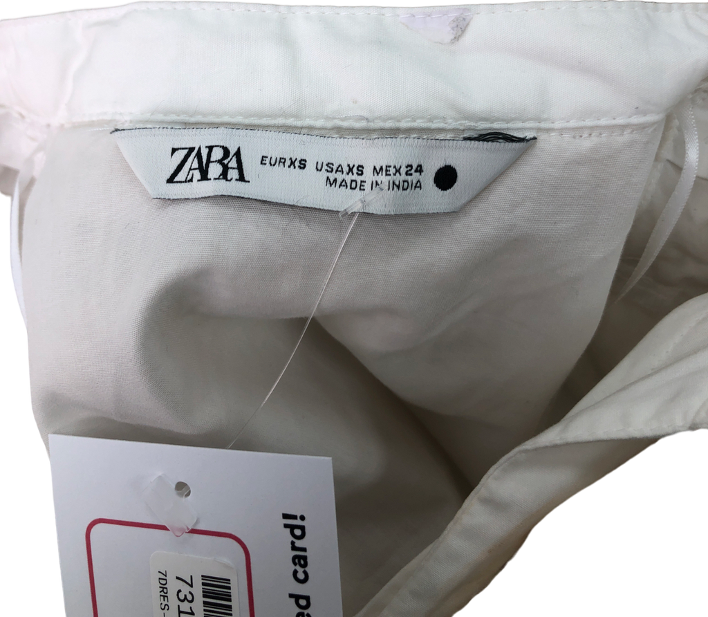 ZARA White Long Sleeve Dress With A Slot Collar. Layered Crochet Waistcoat Detail. Asymmetric Hem. UK 8