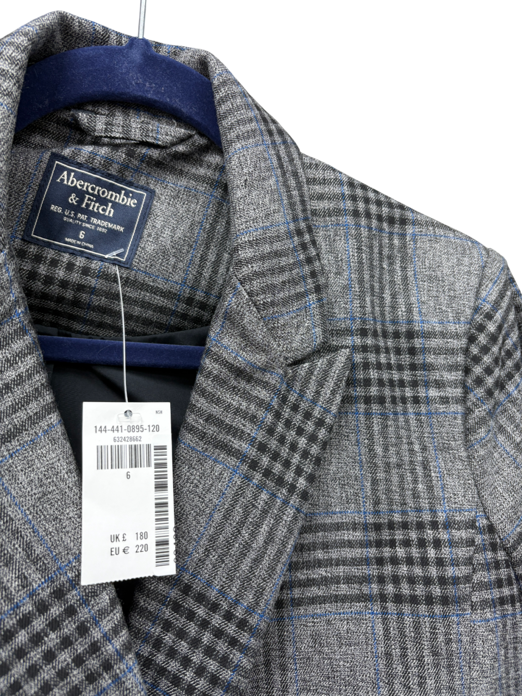 Abercrombie & Fitch Grey Double Breasted Check Blazer UK 6