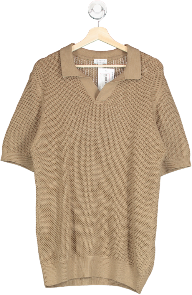 Sunspel Brown Open Stitch Polo Shirt UK M