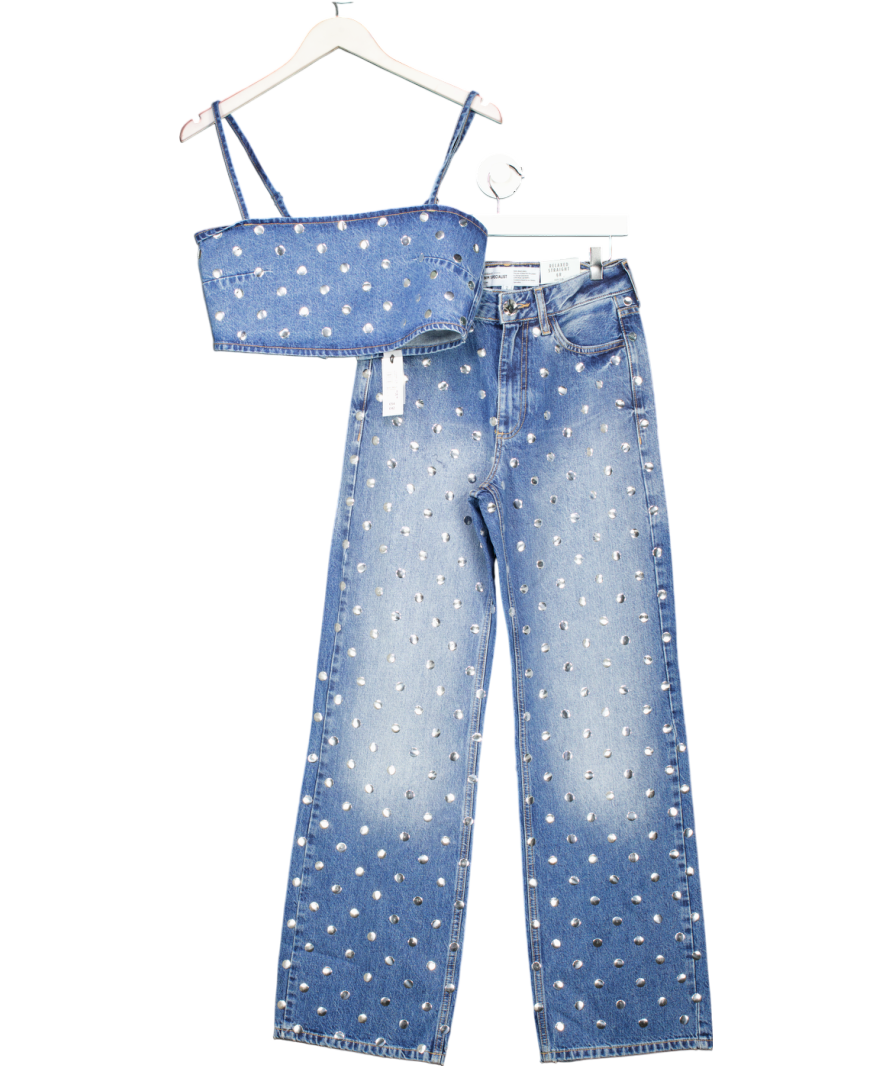 River Island Blue Relaxed Straight Leg Studded Jeans And Top UK 6