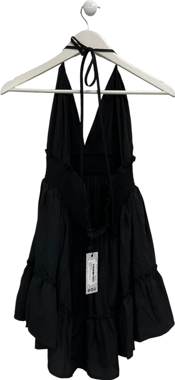 boohoo Black Ruched Waist Frill Halter Neck Beach Dress UK 10