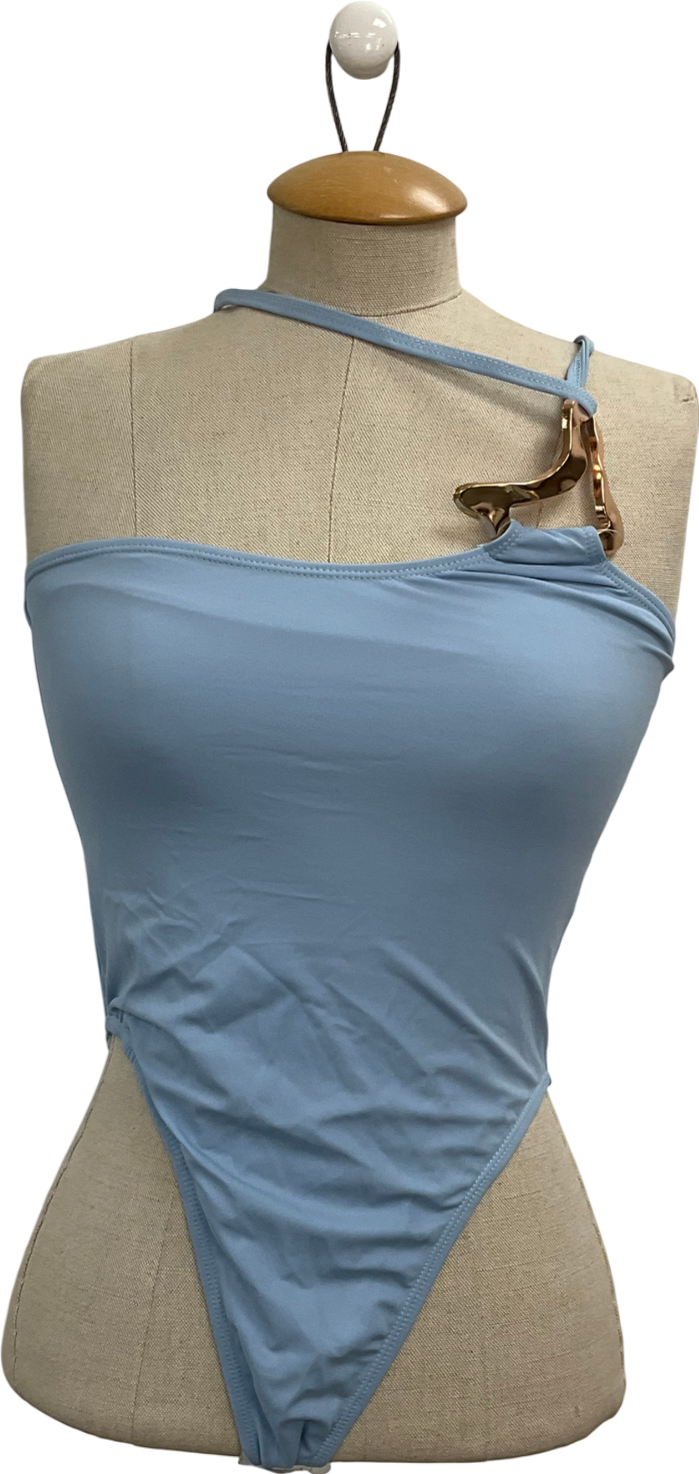 PrettyLittleThing Dusty Blue Gold Trim Asymmetric Swimsuit UK 10