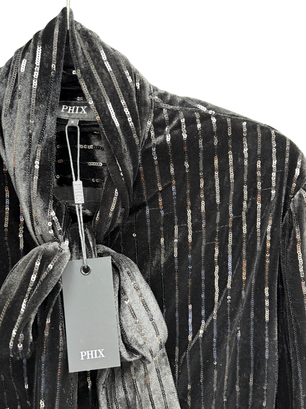 Phix Black Sequin Velvet Scarf Neck Shirt UK S