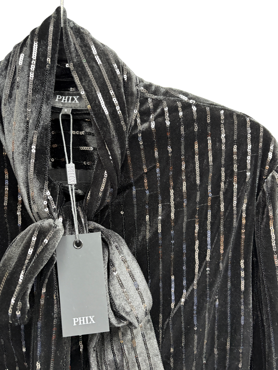 Phix Black Sequin Velvet Scarf Neck Shirt UK S