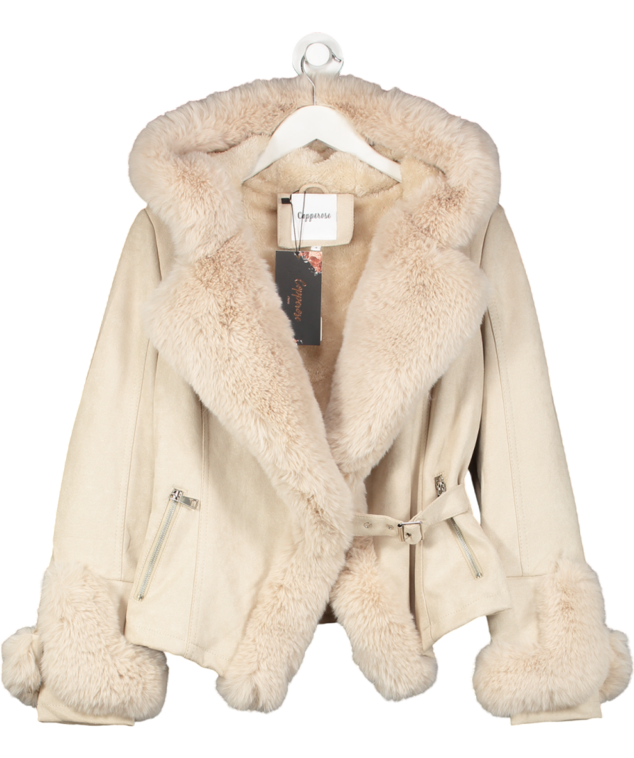 Copperose Nude Faux Fur Trim Coat UK S