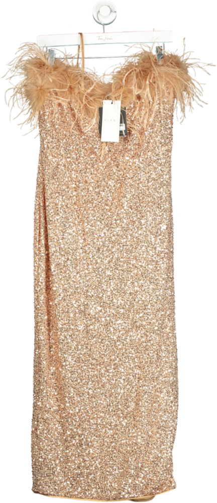 Club L Rose Gold Sequin Strappy Midi Dress With Feathers UK 14