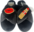 Laines London Black Lips And Lipstick Brooches Slippers - Size L UK 7/8