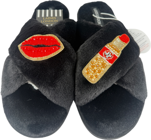 Laines London Black Lips And Lipstick Brooches Slippers - Size L UK 7/8