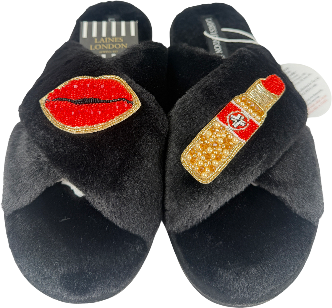 Laines London Black Lips And Lipstick Brooches Slippers - Size L UK 7/8
