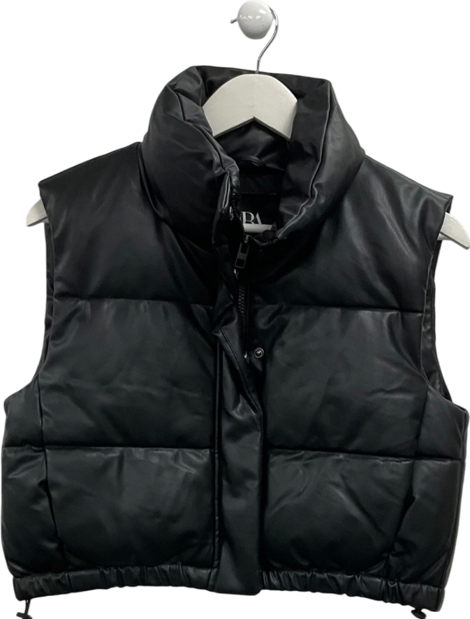 ZARA Black Faux Leather Puffer Gilet UK S