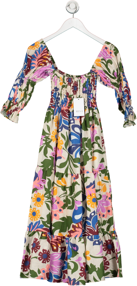 MISA Los Angeles Multicoloured Yolanda Floral Tiered Linen Dress UK XS