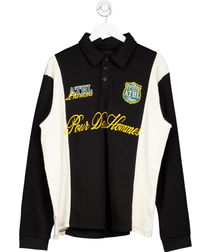 boohooMan Black Tall Embroidered Varsity Rugby Polo Shirt UK L
