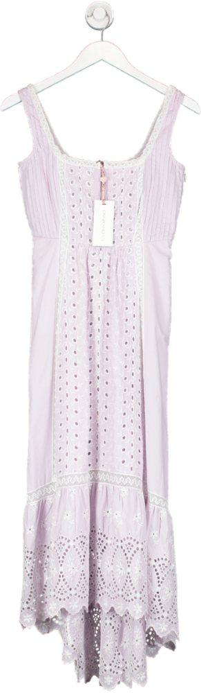 LoveShackFancy Lavender Alwyn crochet-trimmed broderie anglaise cotton-poplin midi dress UK XXS