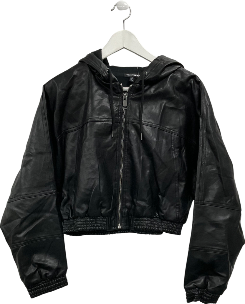 Fashion Nova Black Cropped Faux Leather Hooded Jacket UK S