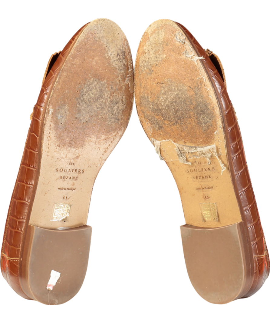 Sezane Brown Les Souliers Leather Croc Effect Loafers UK 8 EU 41 👠