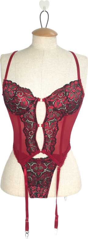 boohoo Red Contrast Lace Cut Out Basque And Thong Set UK S
