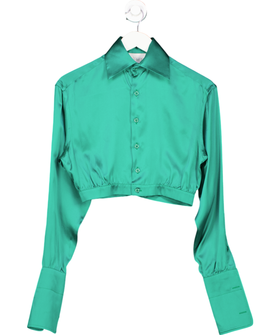 Woera Green 100% Silk Cropped Gathered Hem Shirt UK XS
