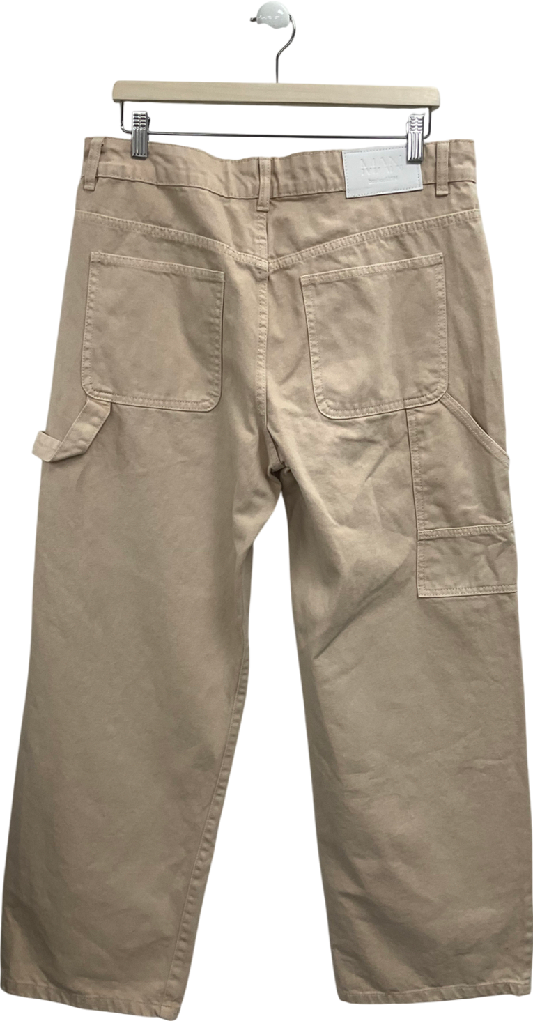boohooMan Beige Baggy Fit Overdyed Carpenter Jeans W34