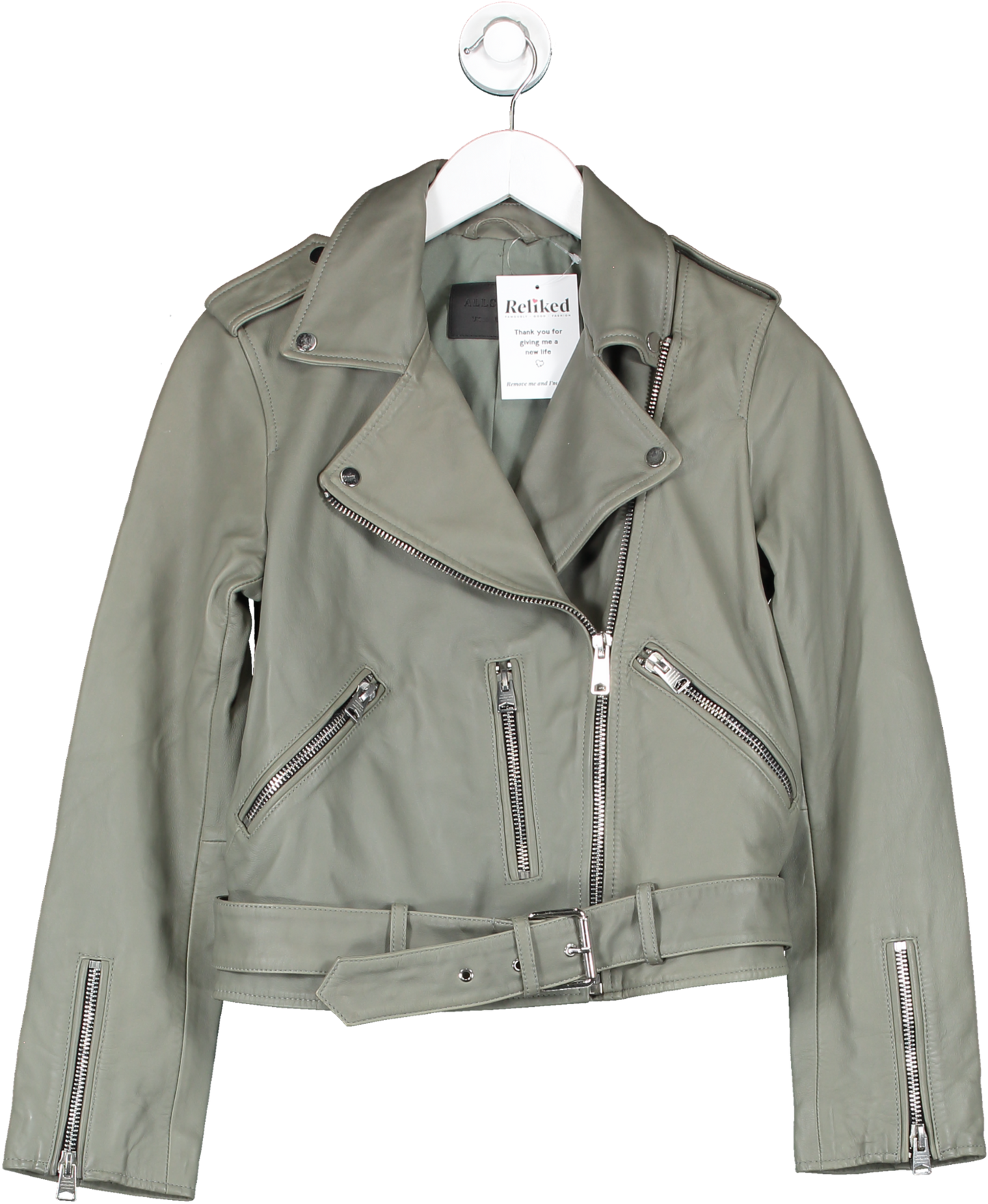 All Saints Green Leather Biker Jacket UK 10