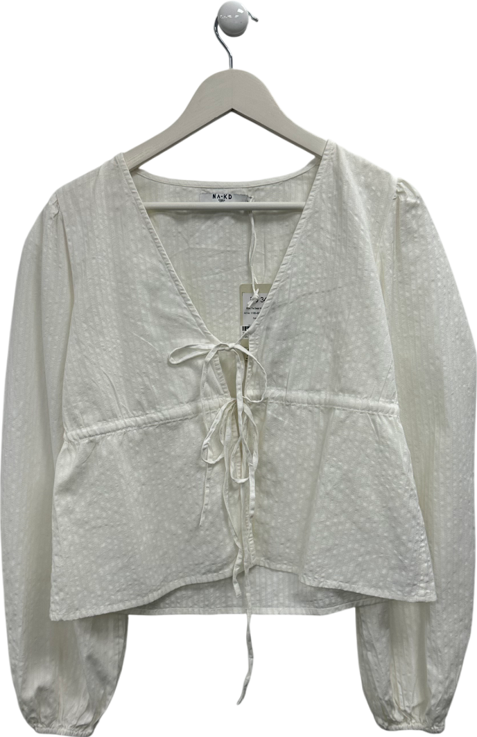 NA-KD White Tie Detail Ruffle Blouse UK 8