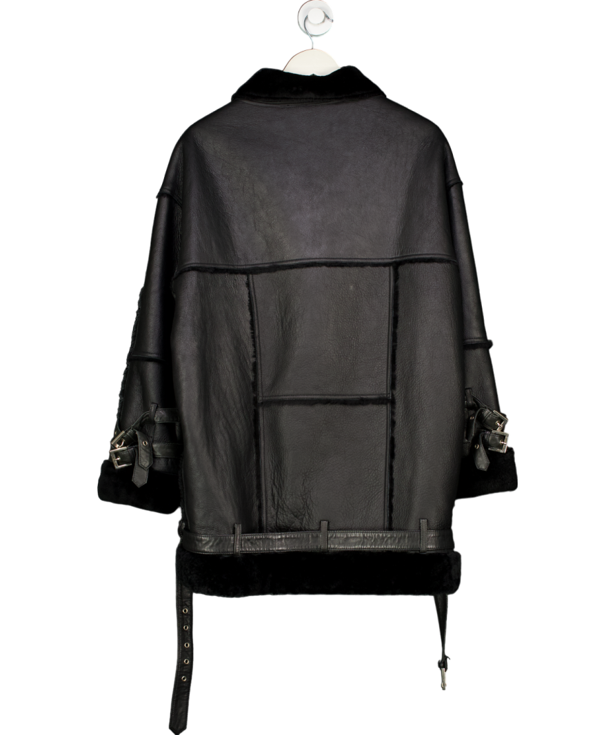One Teaspoon Black Shearling Buckle Sleeve Aviator Coat UK S