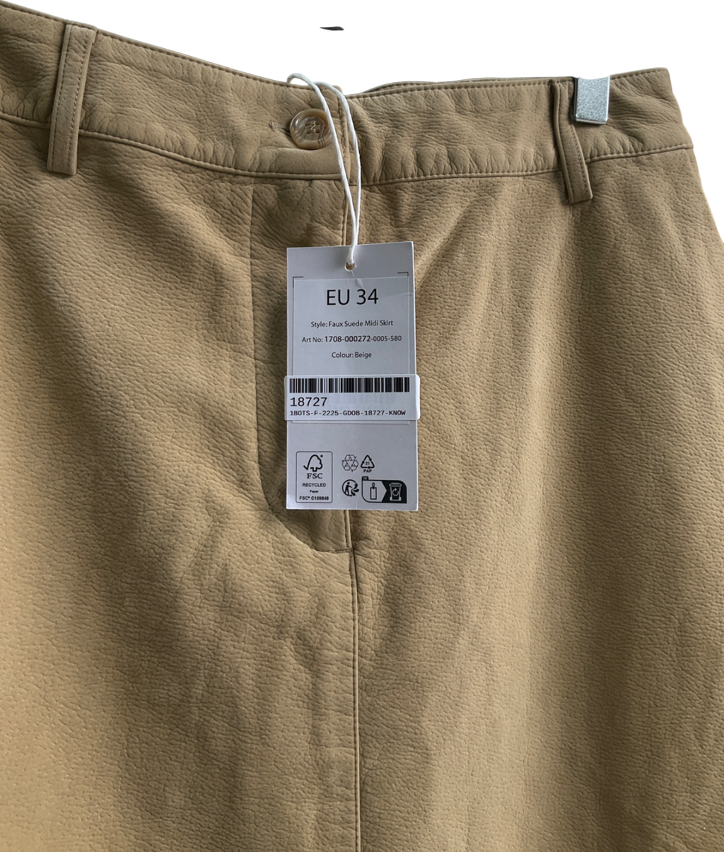 NA-KD Beige Faux Suede Midi Skirt UK 8