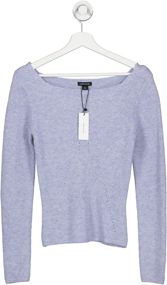 Karen Millen Blue Premium Wool Blend Fashioned Rib Knit Square Neck Knit Top UK S