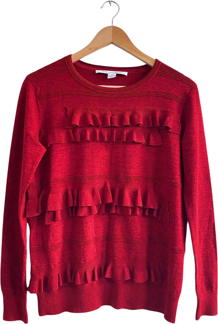 Diane von Furstenberg Dark Red Merino Wool / Viscose  Blend Ruffled Crew Neck Jumper UK S